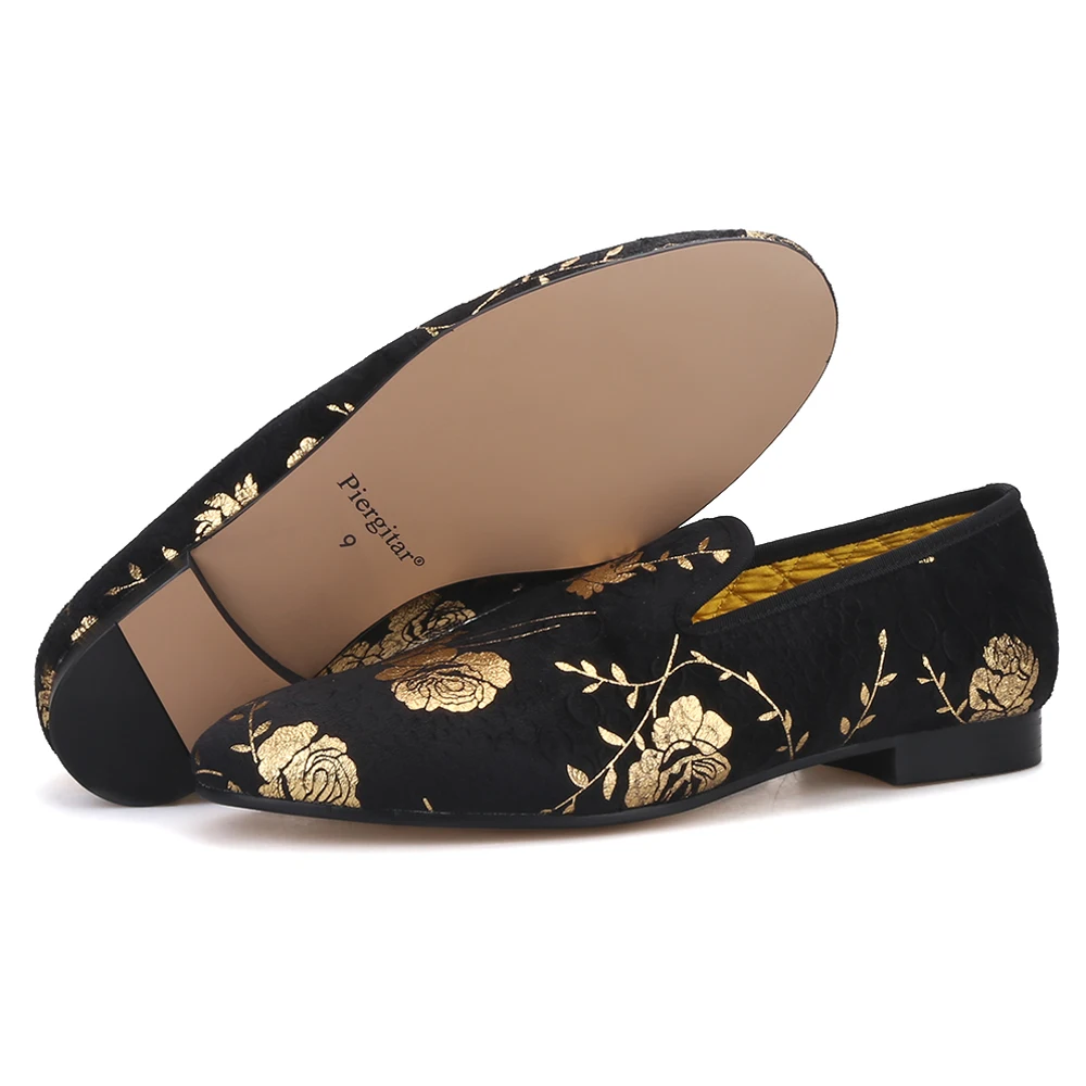 Piergitar/Новые модные золотистого цвета с цветочным принтом Обувь без шнуровки на