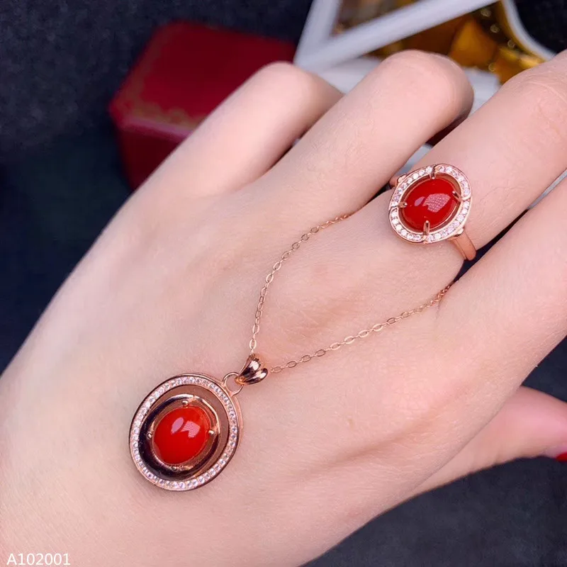 

KJJEAXCMY Fine Jewelry 925 Sterling Silver Inlaid Natural Gemstone Female Red Coral Ring Necklace Pendant Set Supports Detection