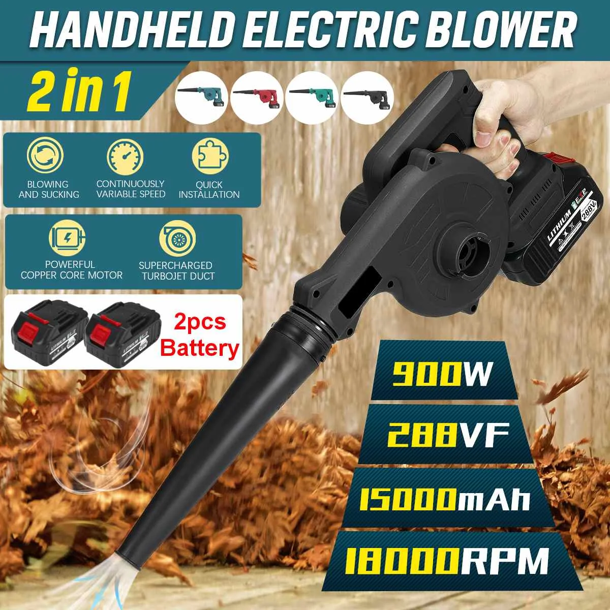 

Беспроводная электрическая Воздуходувка 2 в 1, 900 Вт, вакуумная воздуходувка, выдувание и всасывание пыли, пылесборник для Makita, батарея 18 в, Но...