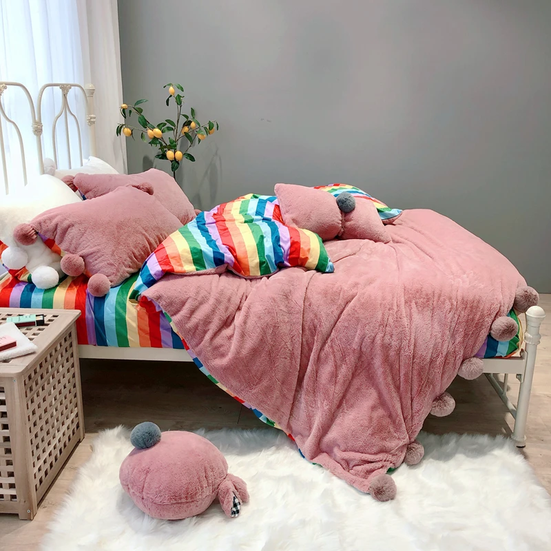 Стиль принцессы Радужный принт бархатные зимние комплекты постельного белья