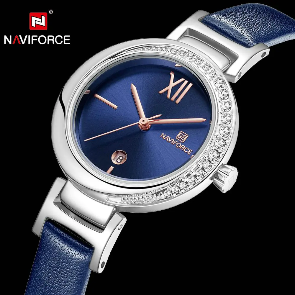 NAVIFORCE часы для женщин Топ Роскошный Кристалл украшения дамы кварцевые синий