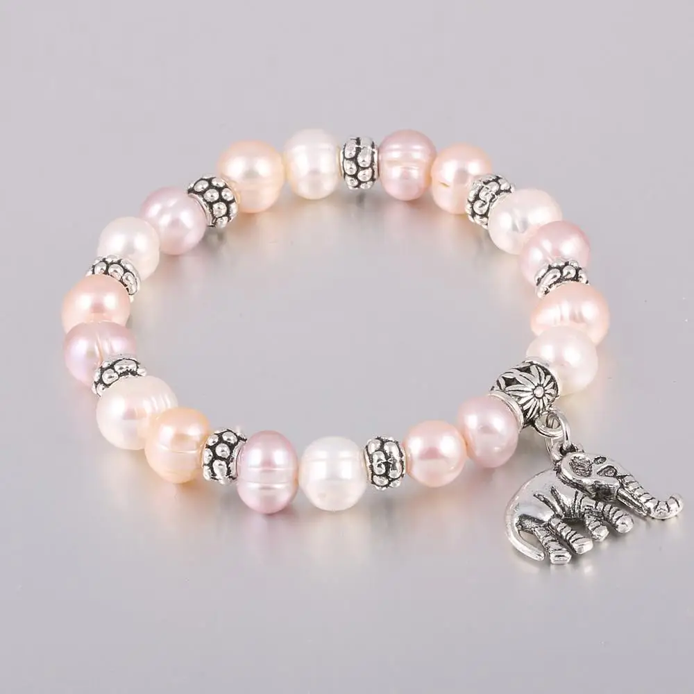 Браслет подвеска слон из цинкового сплава с пресноводным жемчугом 8 мм 19