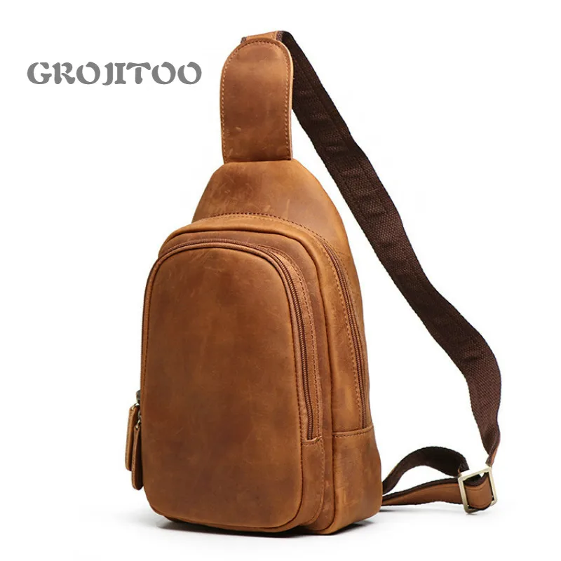 GROJITOO New men's genuine leather chest bag women's first layer Crazy Horse Leather Shoulder Bag Fashion Sports messenger bag