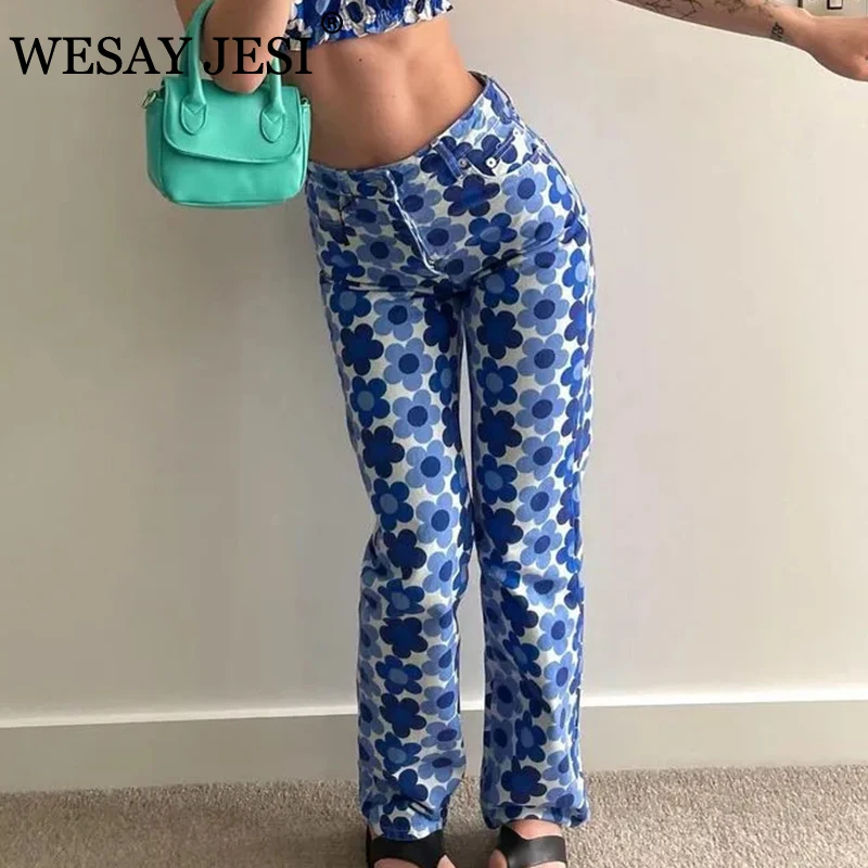 

WESAY JESI Women's Clothing TRAF Pants Casual Chic Blue Floral High Wasit Straight Trousers Elasticity Fashion Pant Streetwear