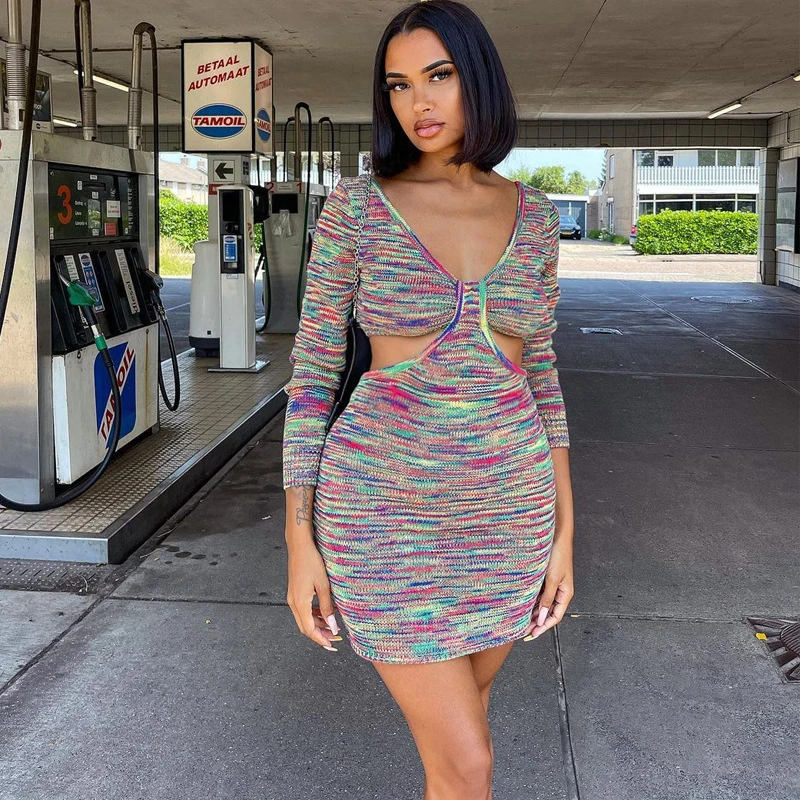 

ribbed mini dresses women multicolor streetwear slim long sleeve fall spring 2021 outfits baddie clothes sexy dress
