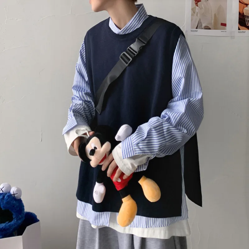 

Осенний корейский свитер, жилет, мужская мода, повседневный трикотажный пуловер с круглым вырезом, Мужская одежда, уличная одежда, Свободны...