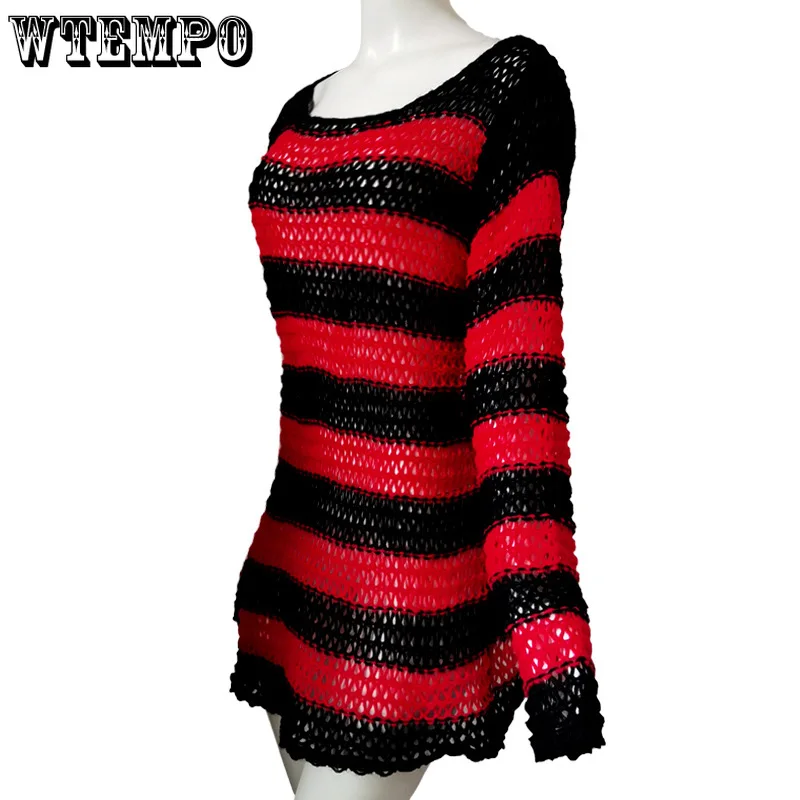 Свитер с дырками Модный пуловер вырезами джемпер черное Полосатое платье-свитер