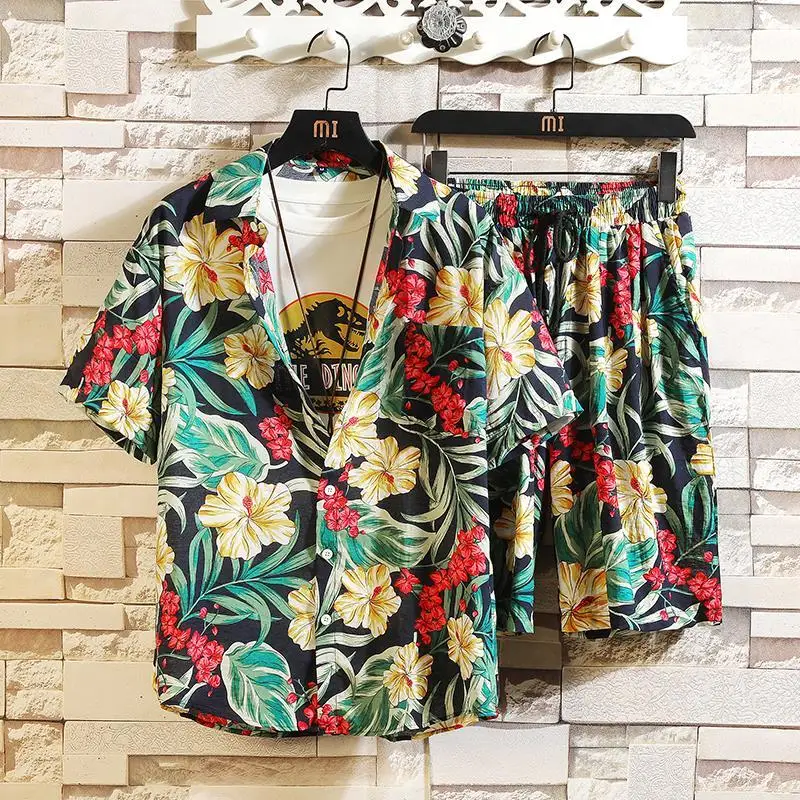 

Hawaii Beach Flower Shirt Outfits Men Handsome Set of Planky Handsome Short Sleeve Shorts Hip Hop Two-Piece