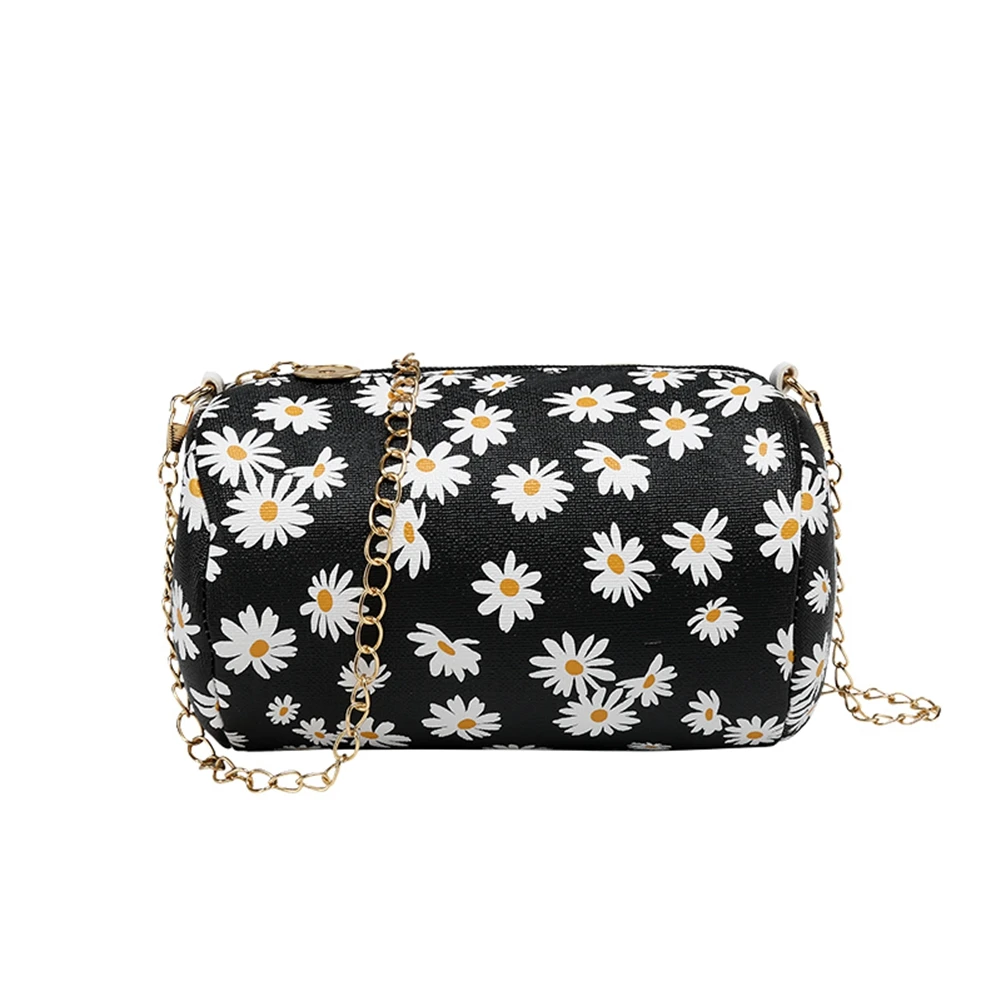 

Women Adjustable Chain Strap Light Weight Crossbody Bag Daisy Printed Leather Shoulder Bag Fashion Wear-resistant Cylinder Bag