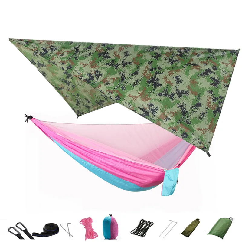 Camouflage- Pink Дождевой мух брезент и Кемпинг гамак с москитной сеткой портативный гамак навес легкий нейлон гамаки для пеших прогулок, альпинизма - Цвет: Camouflage- Pink