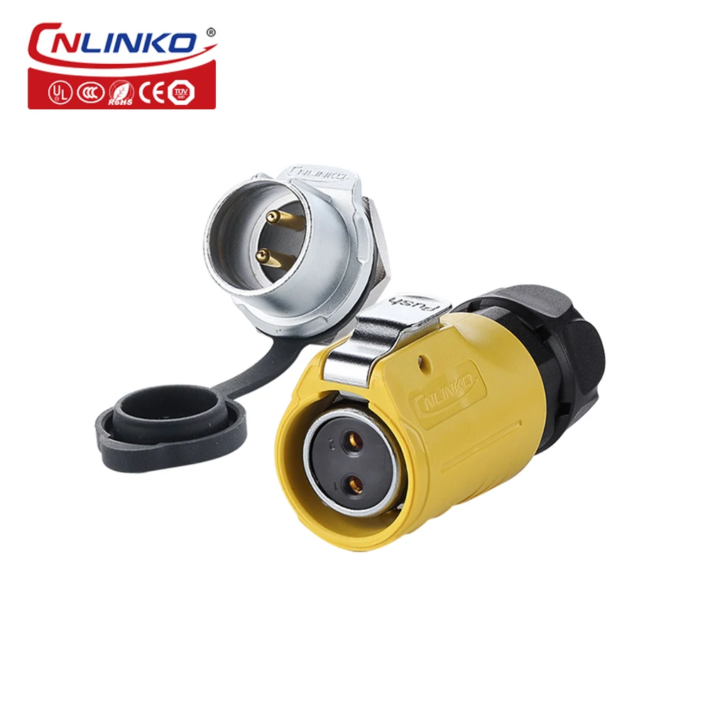 

Cnlinko IP67 Quick Connect Electrical 2 Pin Waterproof Panel Mounted Male Female Industrial Plug and Socket Power Connector 2Pin