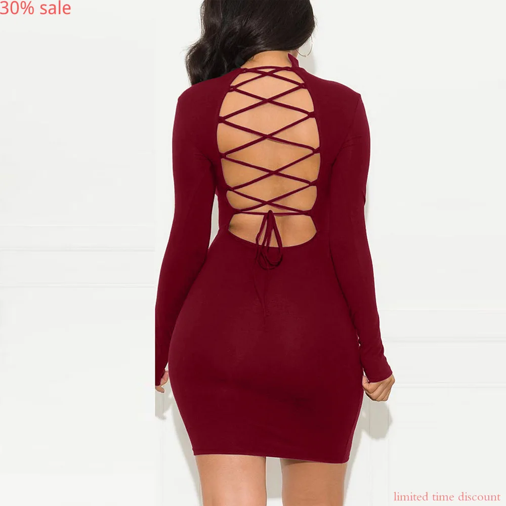 Женское мини платье с открытой спиной Бандажное вечерние платья длинным рукавом