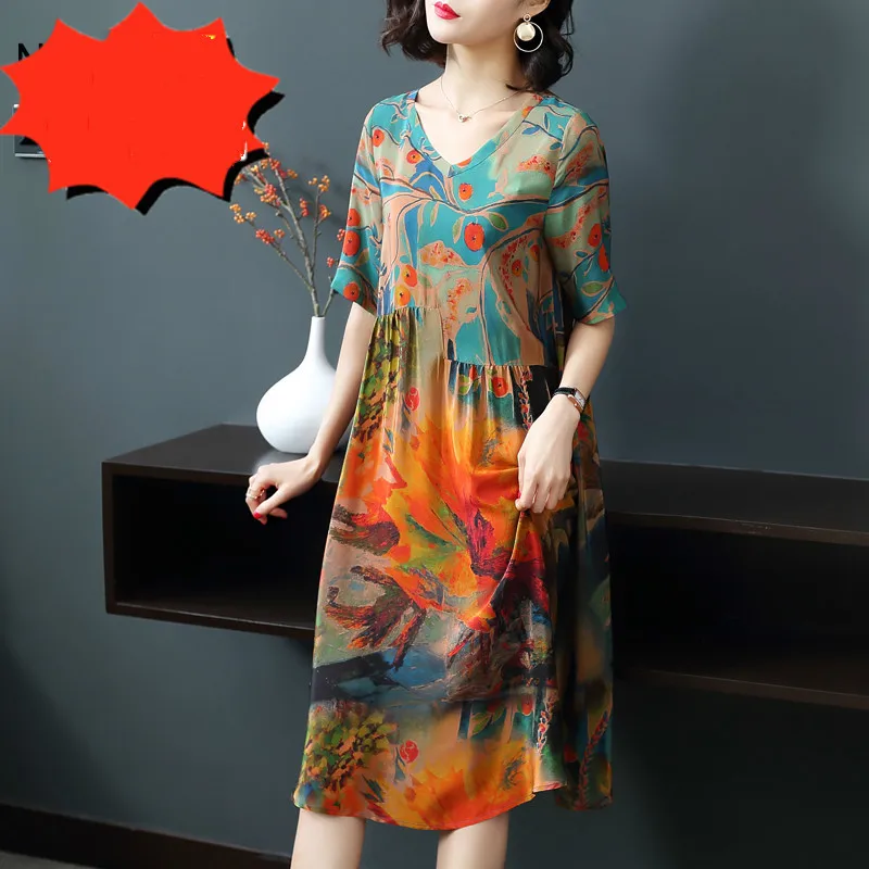 Женское повседневное шелковое платье с цветочным принтом летнее пляжное средней