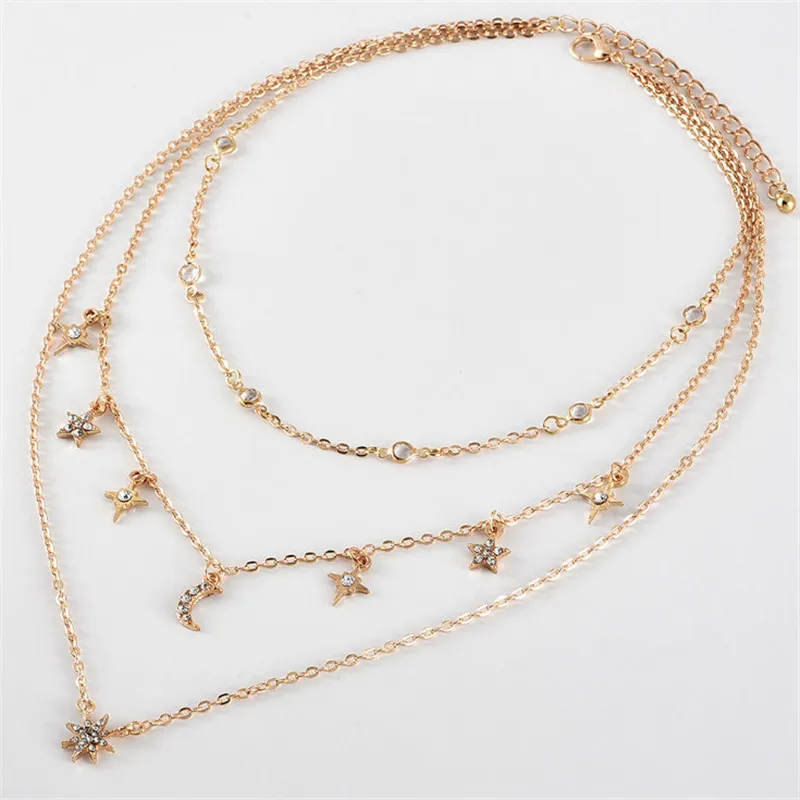 

Full Diamond Moon Pentagram Pendant Necklace Clavicle Chain for Women