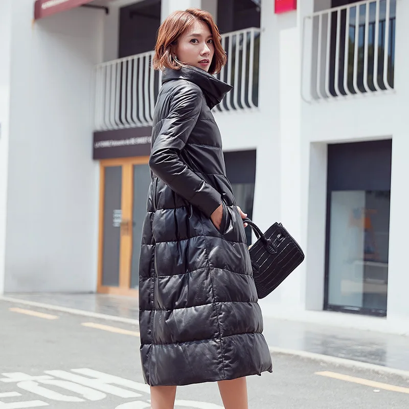 

New Arrival Fashion Womens Duck Down Coat V-Neck Long Single Breasted Sheepskin Genuine Leather Office Lady Female Plus SizeXXXL
