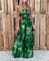 summer holiday wear clothes womens sexy palm leaf print cutout wide leg jumpsuit loungewear halter neck sleeveless outfits