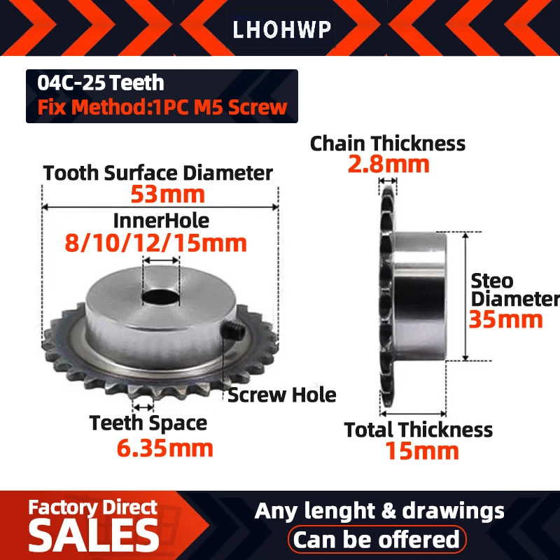 

2pc 04c sprocket 25Teeth hole 8/10/12/15mm 25H 45# steel sprocket 04c table wheel finished hole sprocket screw hole M5