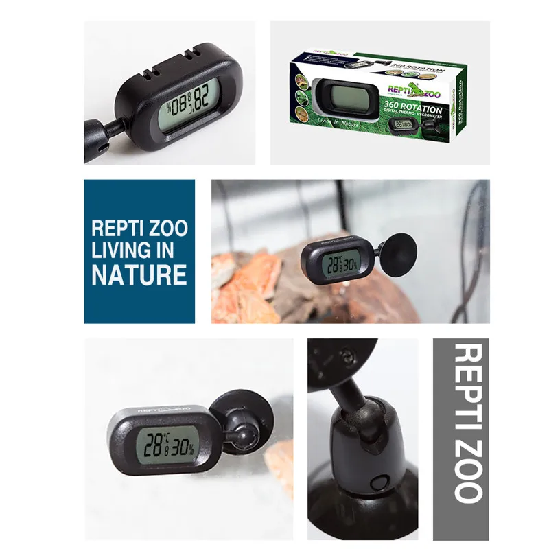 Reptizo Reptile Thermometer Climbing Pet Feeding Box Chameleon Turtle Horned Frog Lizard Rotary Ball Joint Humidity Temperature |