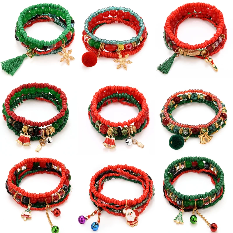 Браслеты с кристаллами из натурального камня Рождественский многослойный