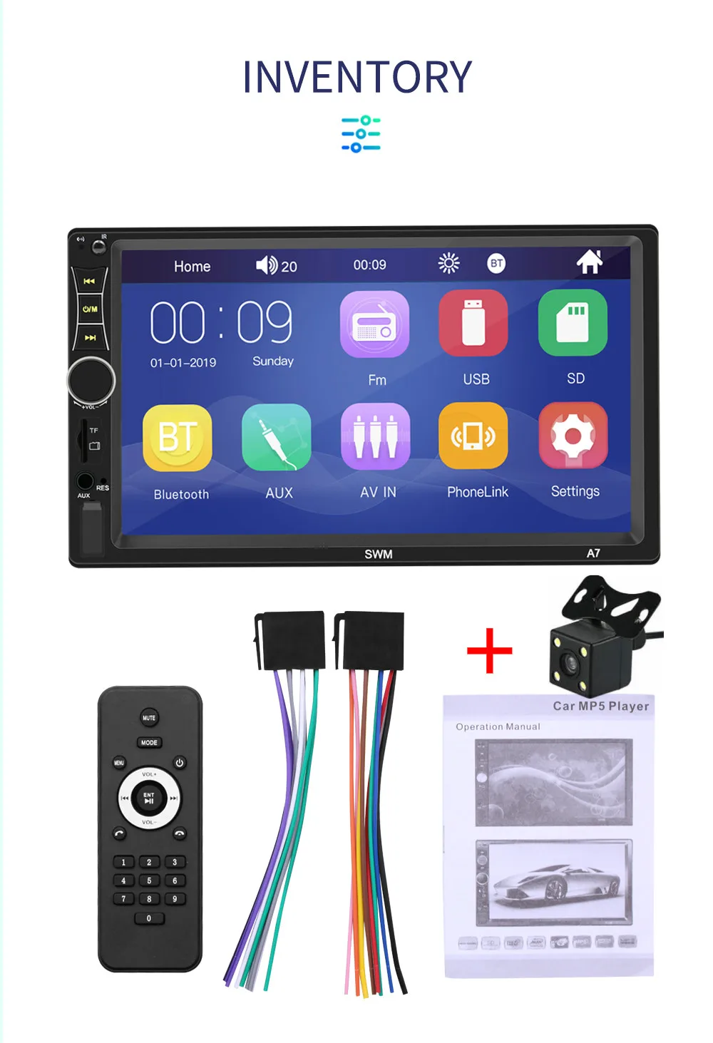 SWM A7 двойной 2 DIN стерео 7 дюймов сенсорный экран Bluetooth AUX U диск радио в тире головное устройство Авторадио - Цвет: with 4led cam