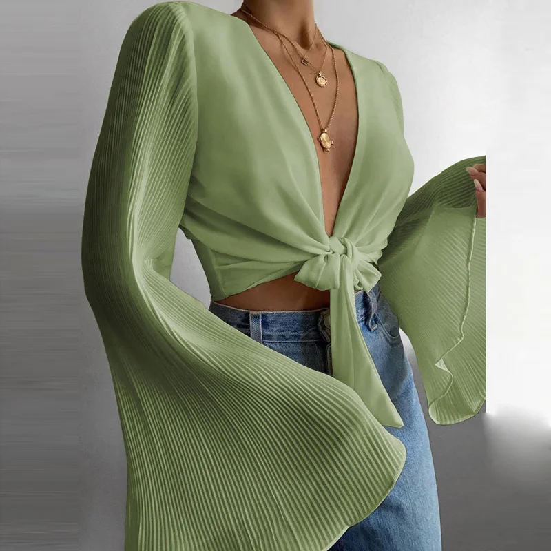 

Women Summer Deep V-Neck Lace-Up Blouse 2021 Ladies Spring Flare Sleeve Beach Shirt Sexy Hollow Out Solid Tops Blusa Streetwear