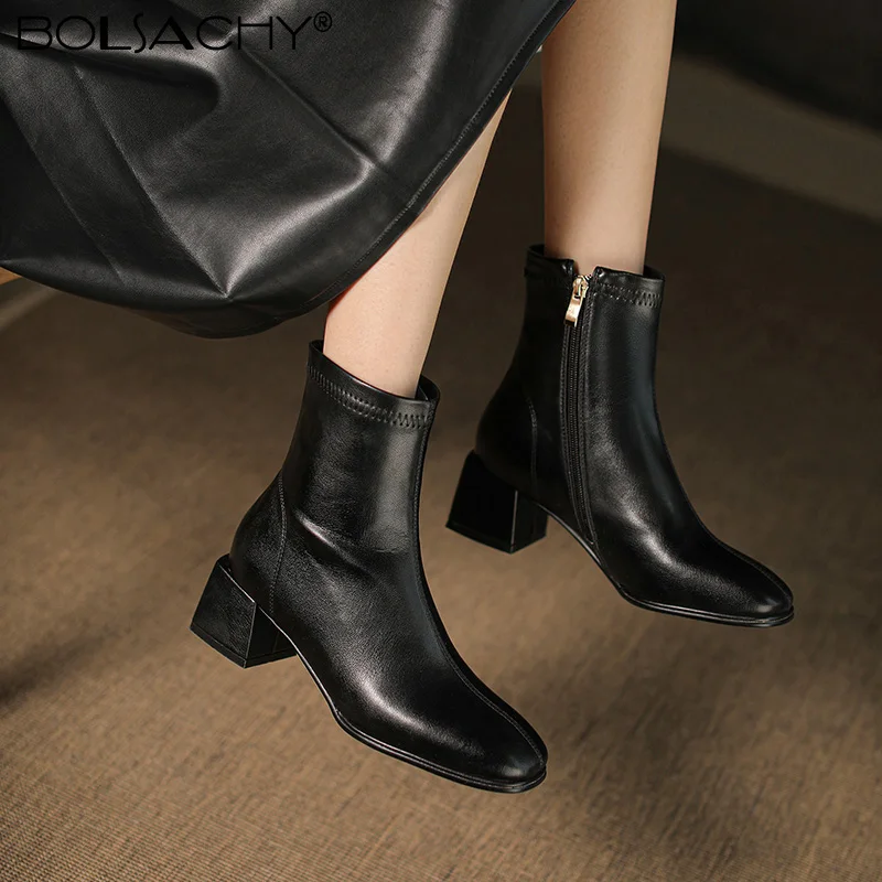 

New Apricot Short Boots Women Thick Heel Spring Autumn Single Boot Fashion Square Toe Nude Booties 5CM Women's High Heel Shoes