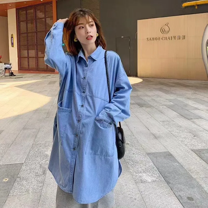 

Korean Style Ins New Korean Retro Lapel Denim Jacket Female Mid-length Loose Casual Lazy Windbreaker Tide