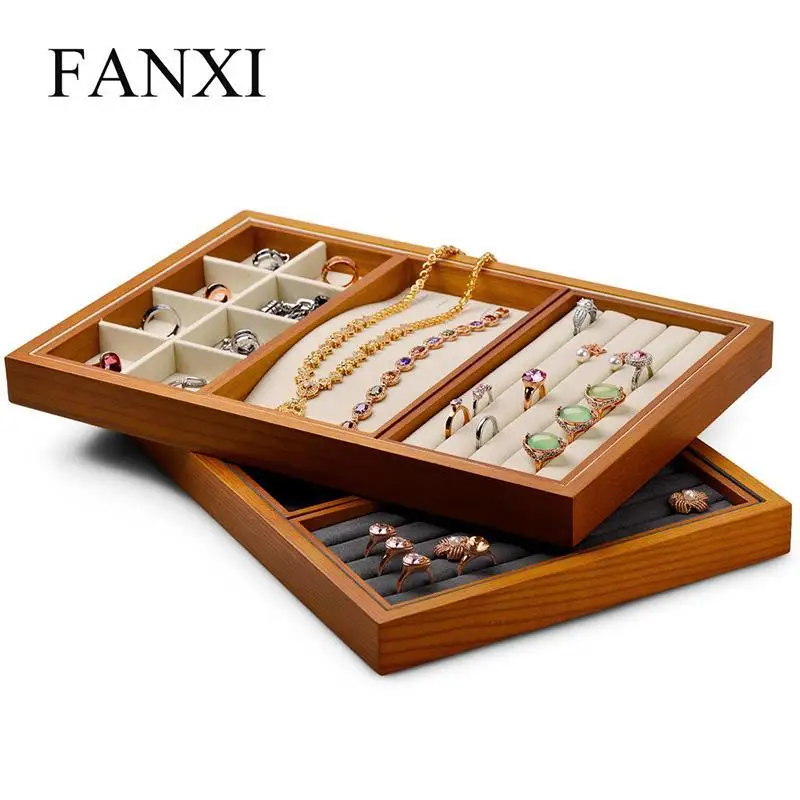 New Multifunctional Jewelry Storage Tray Japanese Solid Wood Microfiber Leather Necklace Ring Storage Tray