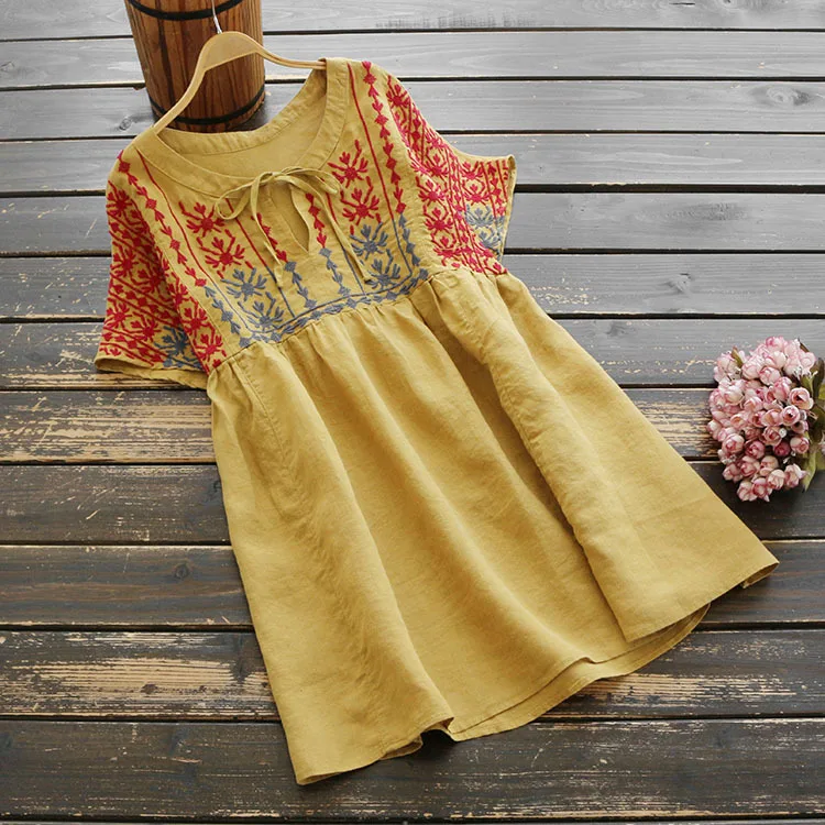 5977 new summer women Color embroidered cotton linen short dress Japan style Retro Casual O-Neck sleeve mini | Женская одежда