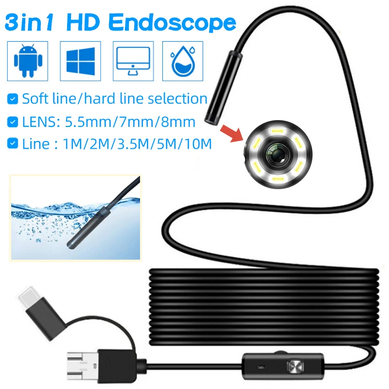 

5,5/7 мм/8 мм эндоскоп HD 1200P IP68 2 м Жесткая гибкая трубка Mirco USB Type-C бороскоп для осмотра видео для Android автомобильный эндоскоп