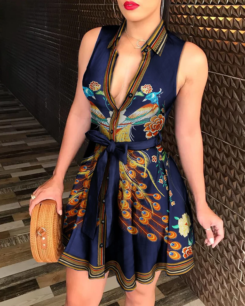 

Женское платье-рубашка с поясом, элегантное Привлекательное платье-рубашка с V-образным вырезом, отложным воротником, поясом и принтом павл...