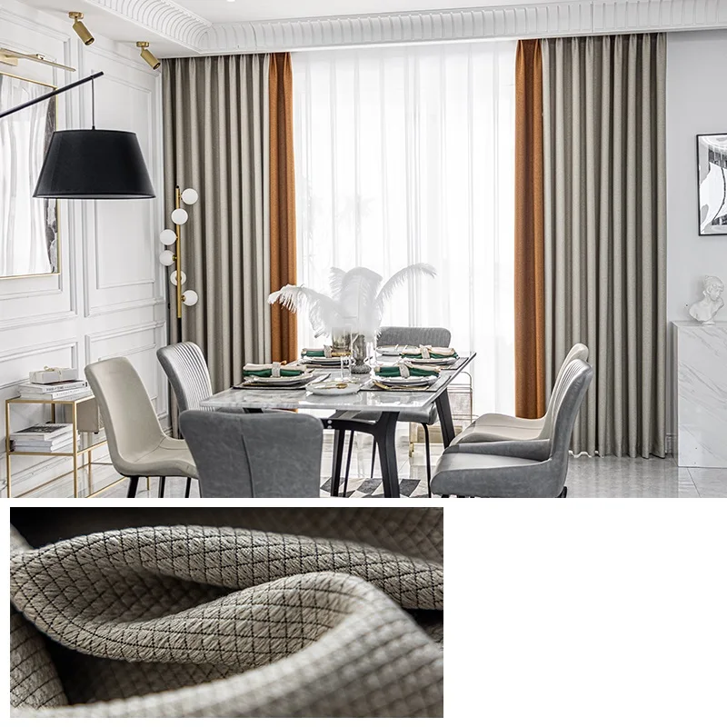 

Popular Color Gray Yellow Curtains Living Room Finished Thick Linen Shading Modern Simple Plain Color Matching Bedroom Curtains