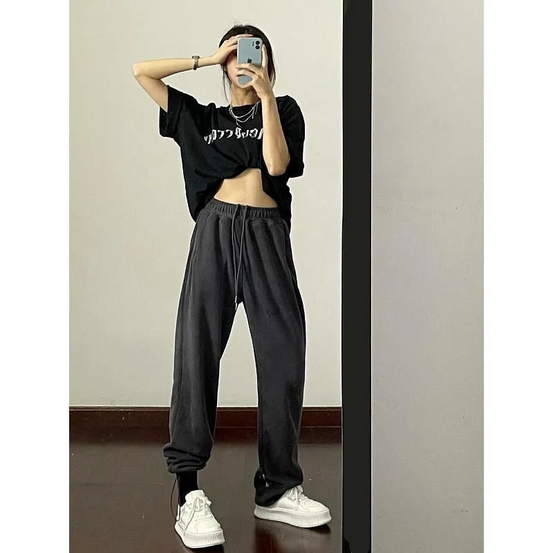 

Женские корейские модные темно-серые тренировочные брюки, женские спортивные брюки для бега, черные широкие брюки