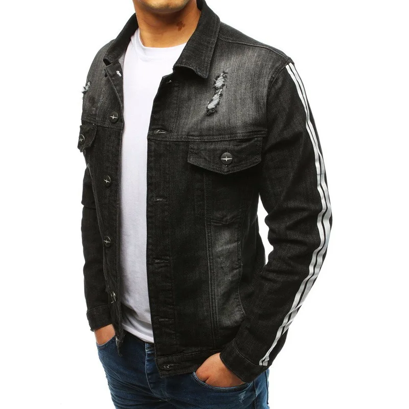 

Autumn Mens Jean Jackets Casual Black Streetwear Cotton Hole Denim Jacket Male Cowboy Outwear Spring Mens Tops Coats Menswear