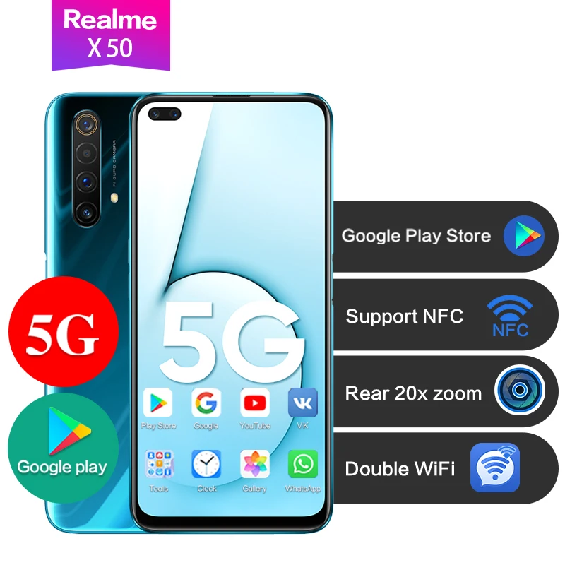 Realme X50 5G 6 57 &quotSnapdragon765G NFC Google Play Двойной WiFi Android 10 0 20x zoom 12G 256G SuperVOOC 4200mAh 64MP
