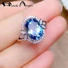 Женское кольцо с овальным синим топазом, регулируемое из стерлингового серебра 925 пробы с драгоценным камнем черного ангела, свадебная бижутерия, хороший подарок на Рождество