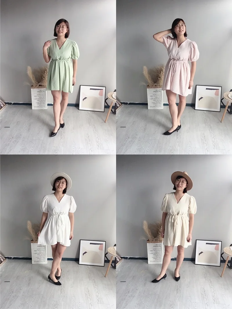 

Summer Dress Woman Vintage Puff Sleeve A Line Dresses V-Neck High Waist Mini Dress Green Sexy Grain Dress 2021