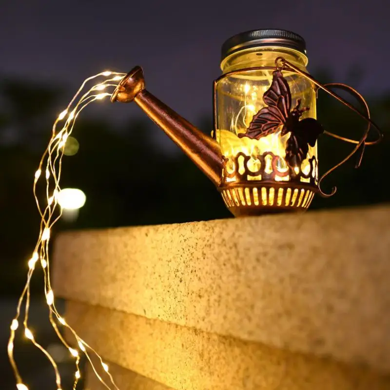 

Outdoor Solar Kettle Light Watering Can Lamp Garden Iron Art Light Shower LED String Lights Holiday Garden Decoration Lights New