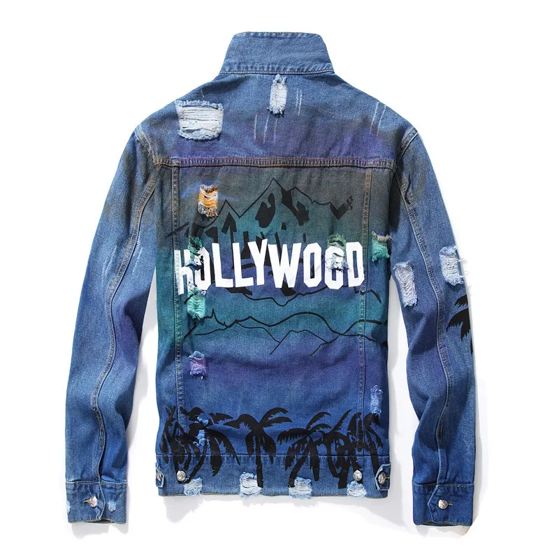 

Fashion Trend Ripped Print Men's Denim Jacket Loose Retro Hip-hop Style Blue Denim Jacket Coat Autumn / winter Large Size XL