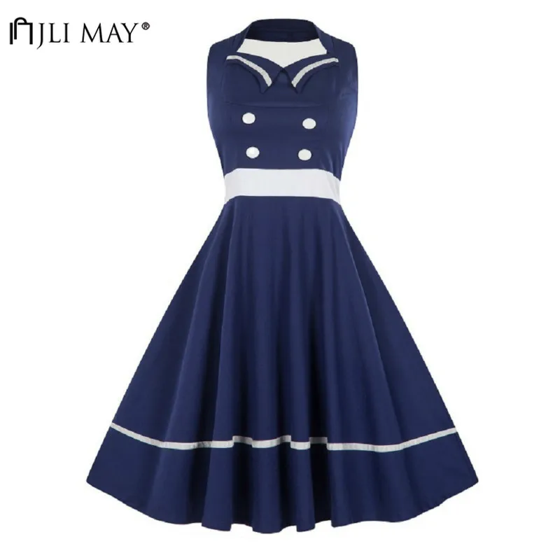 JLI MAY винтажное однотонное летнее платье в темно-синюю полоску пэчворк элегантное