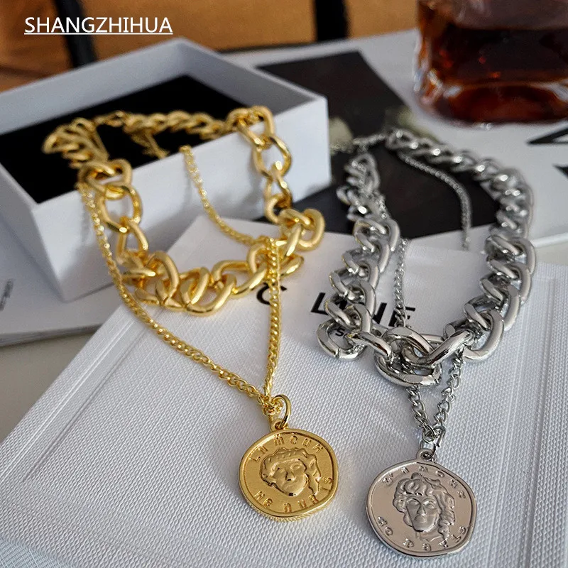 

Goth Hip Hop Thick Chain Double Circle Portrait Short Necklace For Woman 2021 Korean Fashion Girl's Clavicle Chain New Jewelry