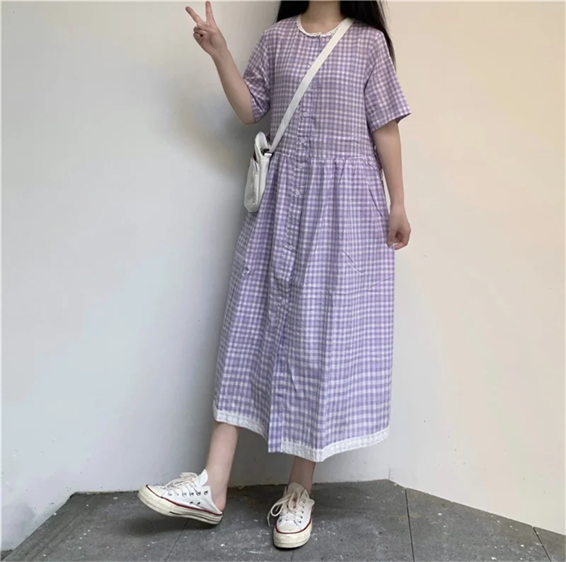 Летнее Хлопковое платье трапециевидной формы с О-образным вырезом и коротким