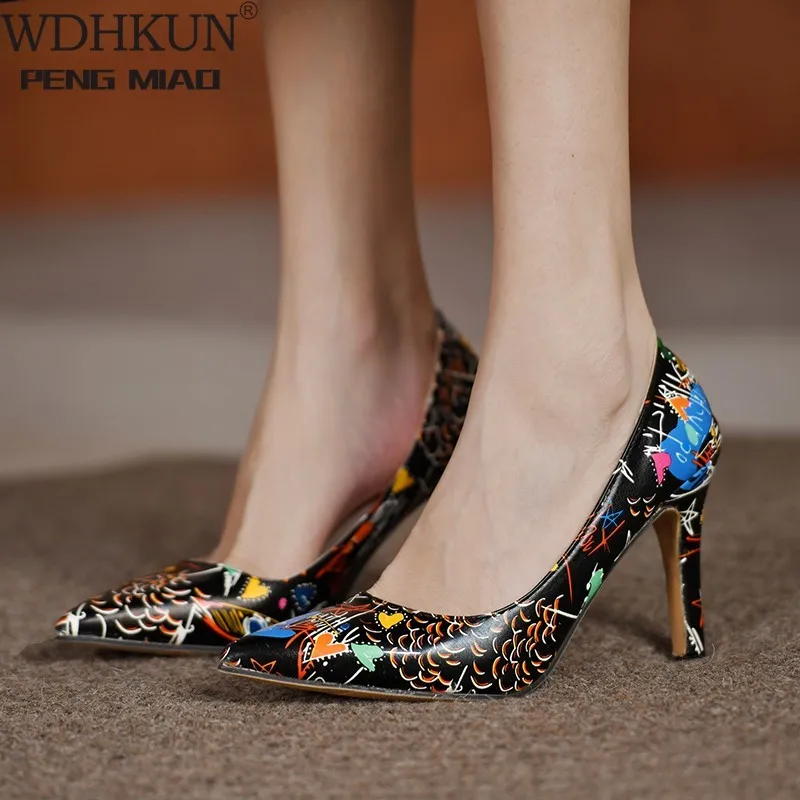 

2021 Women Shoes Colorful Printed Woman Pumps Sexy Stilettos High Heels Leisure Party Work Pointed Toe Women Pumps