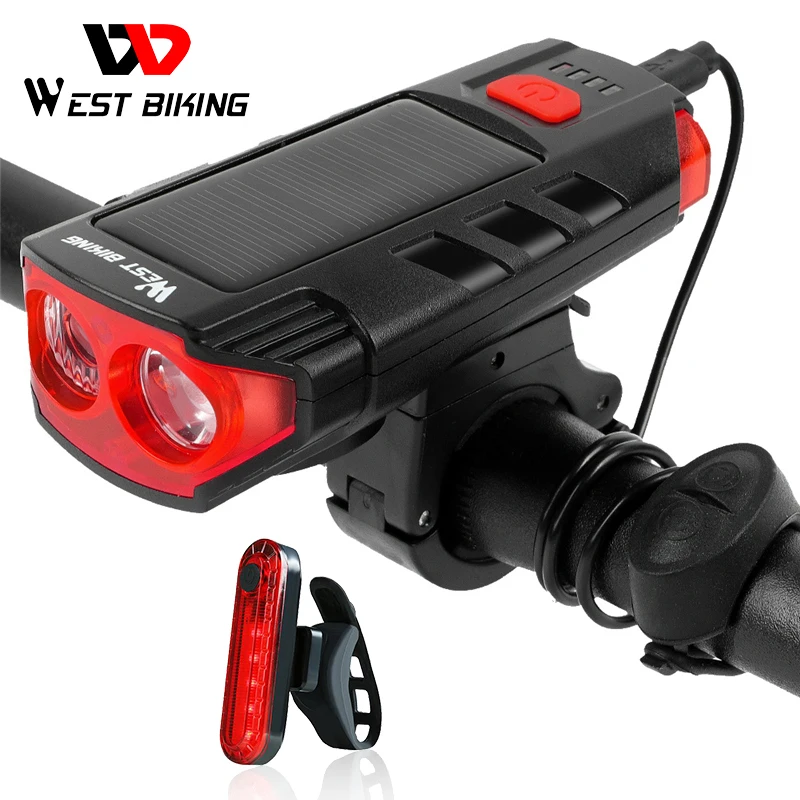 

WEST BIKING Solar Power Bicycle Light 2000mAh USB Rechargeable T6 LED Cycling Headlight Waterproof 120dB Bike Horn Warning Lamp