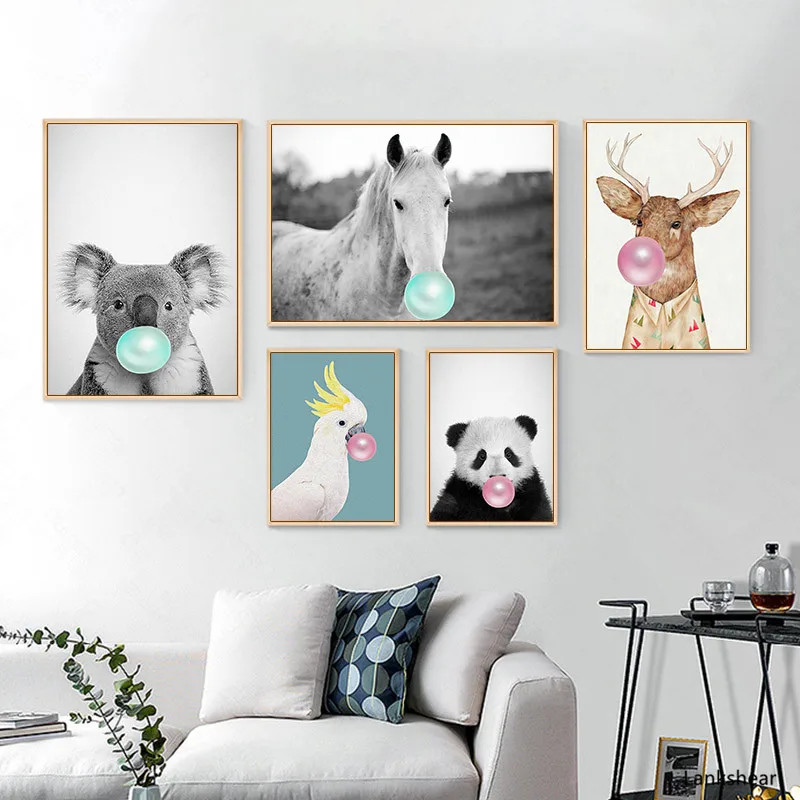 Жевательная резинка панда лошадь Животные Плакаты холст Картины Wall Art