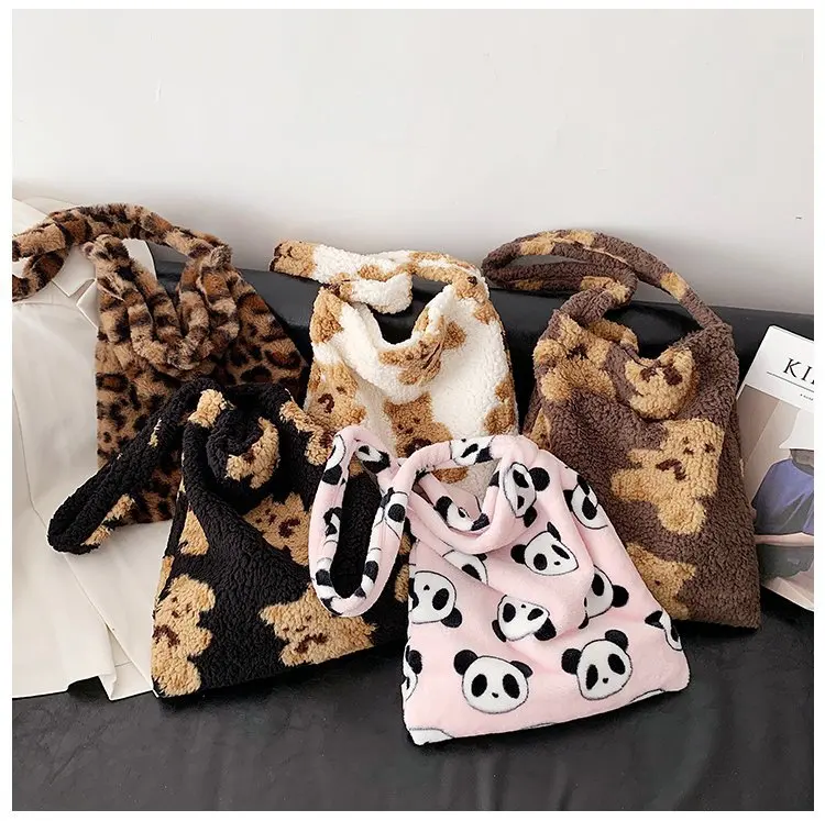 

Women Shoulder Tote Bag Fluffy Fur Bear Handbags Large Capacity Soft Shopping Bags Girls Cute School Bag