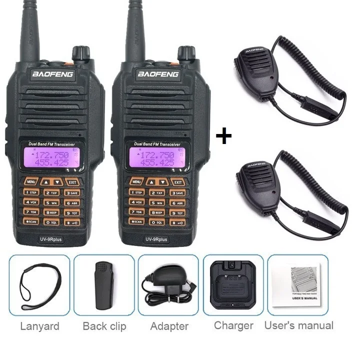 2 шт. BAOFENG UV-9R PLUS 10 Вт Высокая мощность портативная рация Водонепроницаемый VHF UHF Ham CB радио приемопередатчик сканер двухстороннее радио Охотник - Цвет: 2pcs add MIC