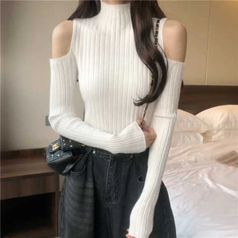 Sweater Women Turtleneck Off-shoulder sexy knit Orange short sweater 2020 Winter jumpers elegant solid Full slim pullover tops | Женская