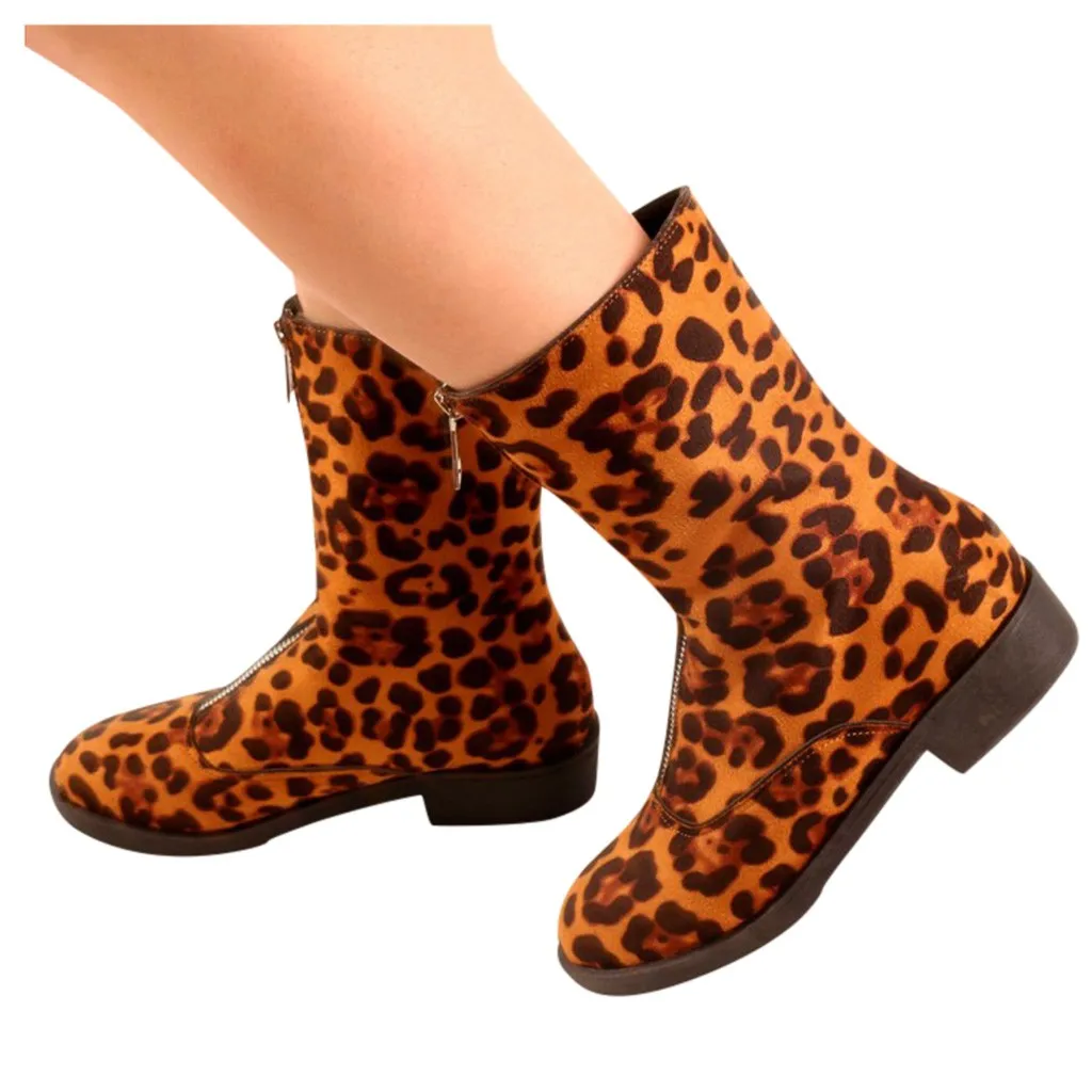 Модные женские Ботинки Зимняя обувь с леопардовым принтом ботинки до середины