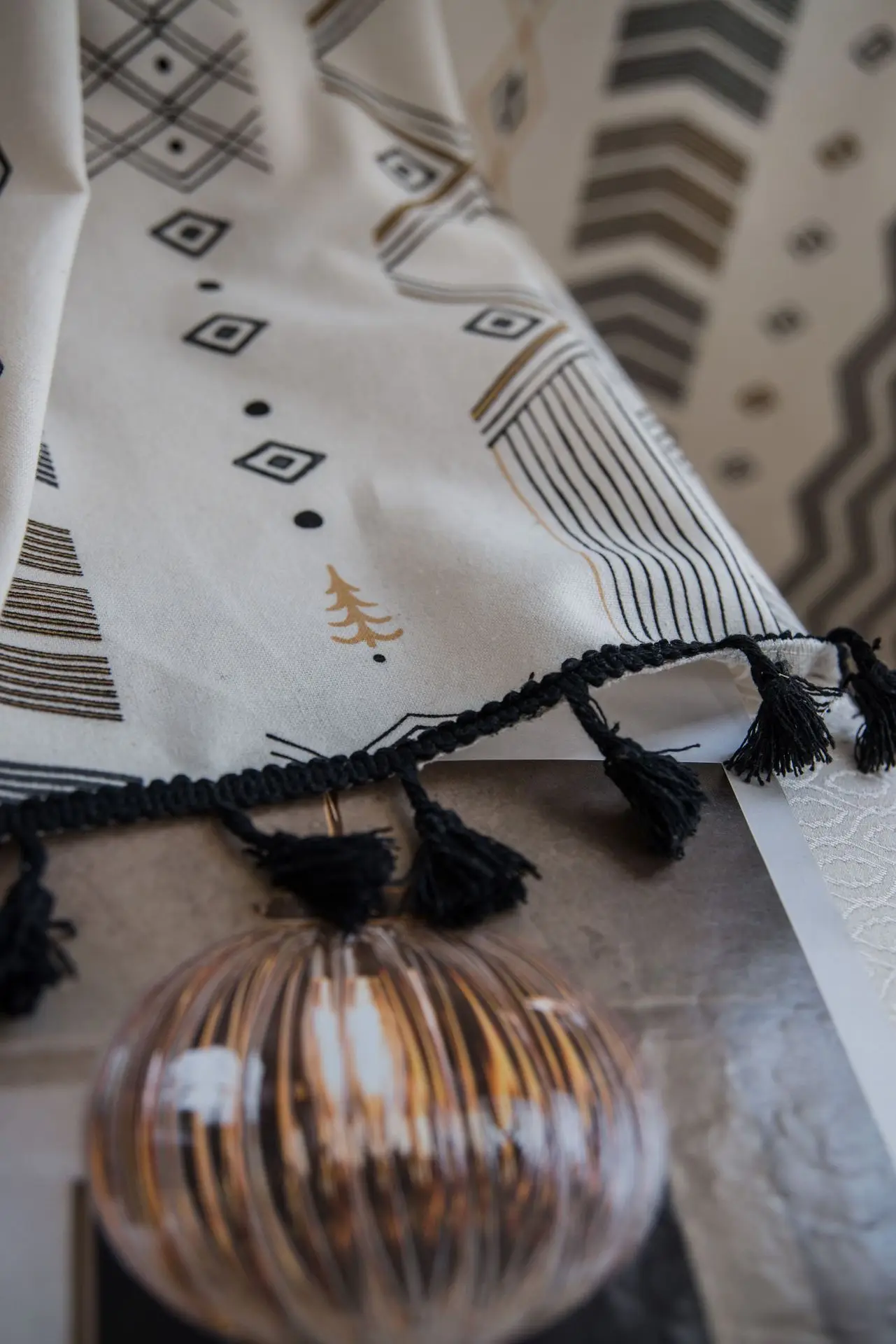 

Cotton Linen Curtain Finished Printing Geometric Black Tassel American Bohemian Kitchen Bedroom Cafe Decorative Curtain Cloth